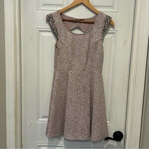 Free People Embellished Skater Mini Dress Taupe White Jeweled Knit, Size Medium
